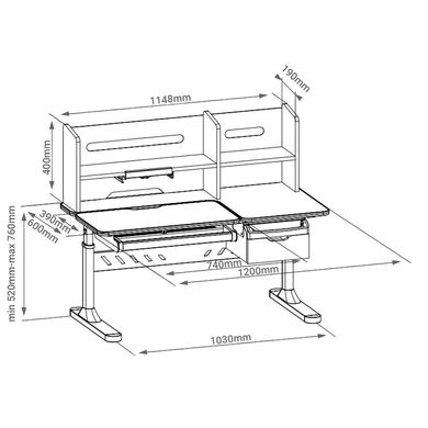 Парта FunDesk Fiore II Grey, Парта, 120 см, 60 см, 1200 x 600 x 520-760 мм